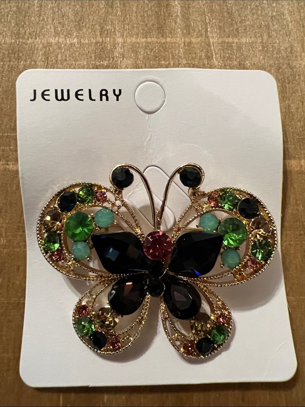 3/$18 Gold Butterfly Brooch with Black, Green and Pink Stones Lot 316
